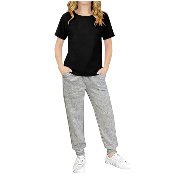 Auroural girls clothes 10-12 outfits under $21 middle and big Children's Short Sleeve Set Summer Short Sleeve Pants Two Piece Set Solid Color Children's Clothing