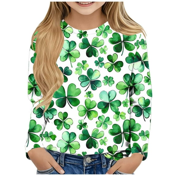 Auroural Girls Clothes Size 10 12 Girls Tops Size 10-12 Long Sleeve Graphic Children's St. Patrick Print Long Sleeved Round Neck Top Casual Pullover Base Shirt Black