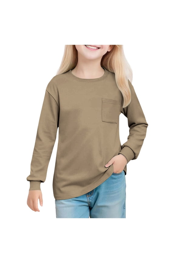 Girls Shirts Long Sleeve 8-10 Girls' Solid Color Round Neck Long Sleeved Top Children's Pullover Shirt For 5-14 Years Khaki