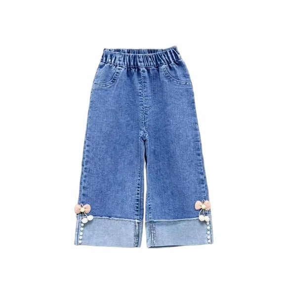 Auroural Girls Jeans under $10.00 Girls' Jeans Bow-Shaped Decoration Children's Straight Leg Wide Leg Jeans Loose and Versatile Elastic Waist Pants Blue
