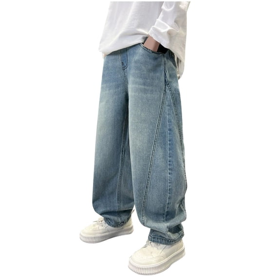 Auroural Boys Baggy Jeans Size 9 Boys Cargo Pants Children's Loose Pants Boys' Wide Leg Jeans Medium To Large Boys' Denim Straight Leg Pants Blue