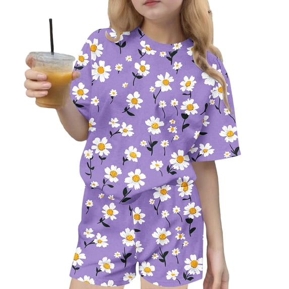 Auroural Girls Clothes Size 10-12 Sets Girls 2 Piece Outfit Size 10-12 Children's Summer Printing Leisure Round Neck Short Sleeves Top and Shorts Two-Piece Set for Kids