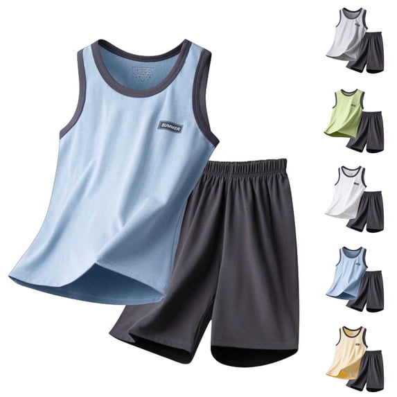 Auroural 2 Piece Sets for Boys Kids Clothes Sets for Boys Children's Summer Solid Color Version Casual Exercise Round-Neck Tank Top Sets Kids