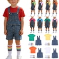 thumbnail image 1 of Auroural Toddler Boys Clothes 4T-5T Toddler Boys 4T-5T Clothes Toddler Kids Boys Girls Fashion Cute Solid Color Denim Overalls Jumpsuit Shorts Short Sleeve Top Socks Set, 1 of 9