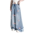 thumbnail image 1 of Auroural Girls Jeans Size 10-12 Girls Casual Wide Leg Jeans with Flower Decoration Comfortable Elastic Waistband and Loose Casual Pants for Kids Pink, 1 of 9