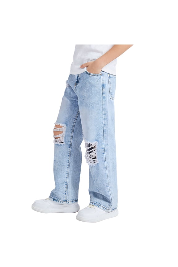 Boys Ripped Jeans Size 8-9 Boys Pants Y2K Boy/Girl Solid Color Hole Jeans Long Pants Children's Loose High Waist Pants Straight Leg Pants Wide Leg Pants Teenagers Casual Pants Blue