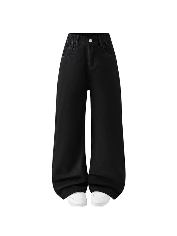 Baggy Jeans for Girls Size 10-12 Boy/Girl Jeans Long Pants Children's Loose High Waist Pants Straight Leg Jeans Wide Leg Jeans Teenagers Casual Pants Black