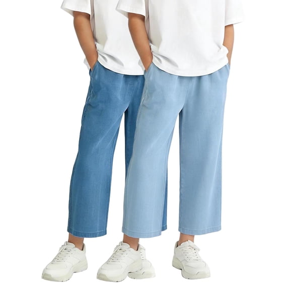 Auroural Girls Baggy Jean Size 7-8 2 Pc Girls' Summer Thin Wide Leg Jeans Casual Versatile Ice Silk Denim Loose Cropped Pants Blue