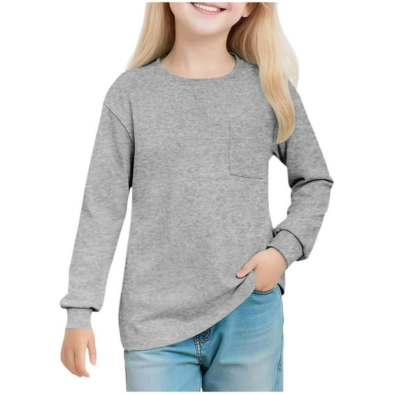 Auroural Long Sleeve Shirts for Girls 7-8 Girls' Solid Color Round Neck Long Sleeved Top Children's Pullover Shirt For 5-14 Years Gray
