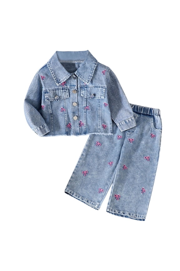 Matching Kids Outfits Long Sleeve Girl Clothes Size 6 To 9 Months Girl's Embroidered Bow Long Sleeve Notched Lapel Jacket And Elastic Waist Pockets Jeans Set