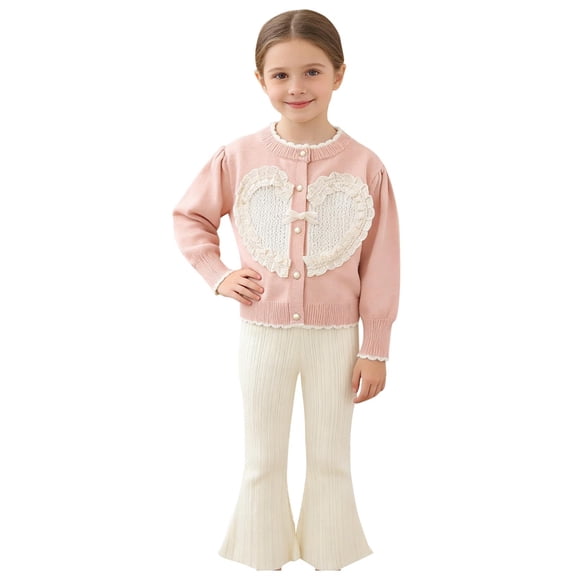 Auroural Matching Kids Outfits Long Sleeve Girl Clothes Size 18 Months Spring And Fall Winter Girls' Heart-shaped Bow Pearl Button Sweater Cardigan Long Sleeve Sweate And bottom pants set