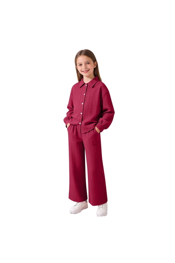 Matching Kids Outfits Long Sleeve Girls Clothes 10-12 Outfits under $21 Children's Turn-Down Collar Button-Up Top With Elastic Waist And Pockets And Pants Set