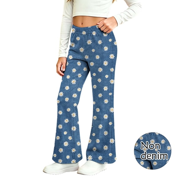 Auroural Size 7-8T Girls Pants Pants for Girls Flared Bottom Kids Girls Cute Flower Lace Print Soft Elasticity Casual Flared Trousers Pants