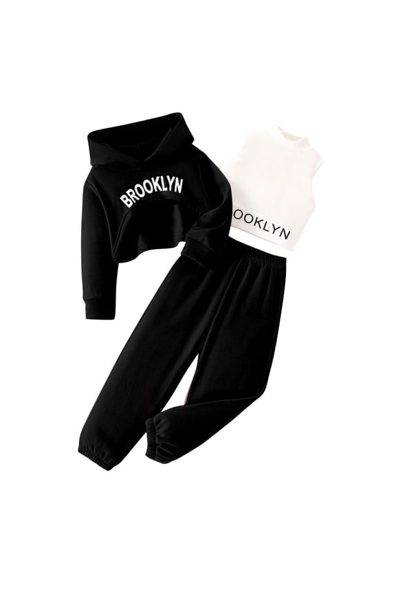 toddler Girl Clothes 5T Two Piece Sets for Girls Girls' Casual Three Piece Hooded Sweatshirt High Neck Base Coat Sweatshirt Sweatpants Long Sleeved Set Black 5 Years