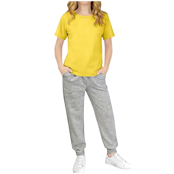 Auroural toddler girl clothes 4t sets middle and big Children's Short Sleeve Set Summer Short Sleeve Pants Two Piece Set Solid Color Children's Clothing
