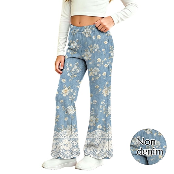 Auroural Toddler Girls Pants Size 4T Kids Girls Cute Flower Lace Print Soft Elasticity Casual Flared Trousers Pants