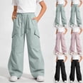 thumbnail image 1 of Auroural Toddler Girls Pants Size 5T Girls Cargo Solid Pants Elastic Waist Wide Leg Pants with Pockets Casual Loose Trousers for Kids 5-16 Years Full Length Pants, 1 of 6