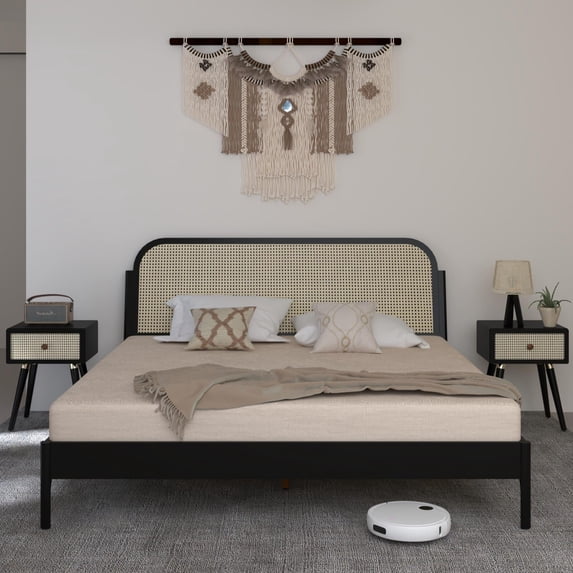 Aurous 43" King Platform Bed Frame, Rattan Headboard, Bohemian Style, Solid Wood, Black