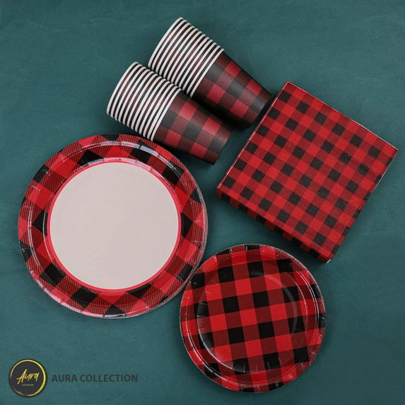 Aurra Party Supplies Serve 24 Buffalo Plaid Red & Black 9” and 7” plates for Christmas, First Birthday, Bachelorette, Baby Shower, Flannel Party 194Pcs