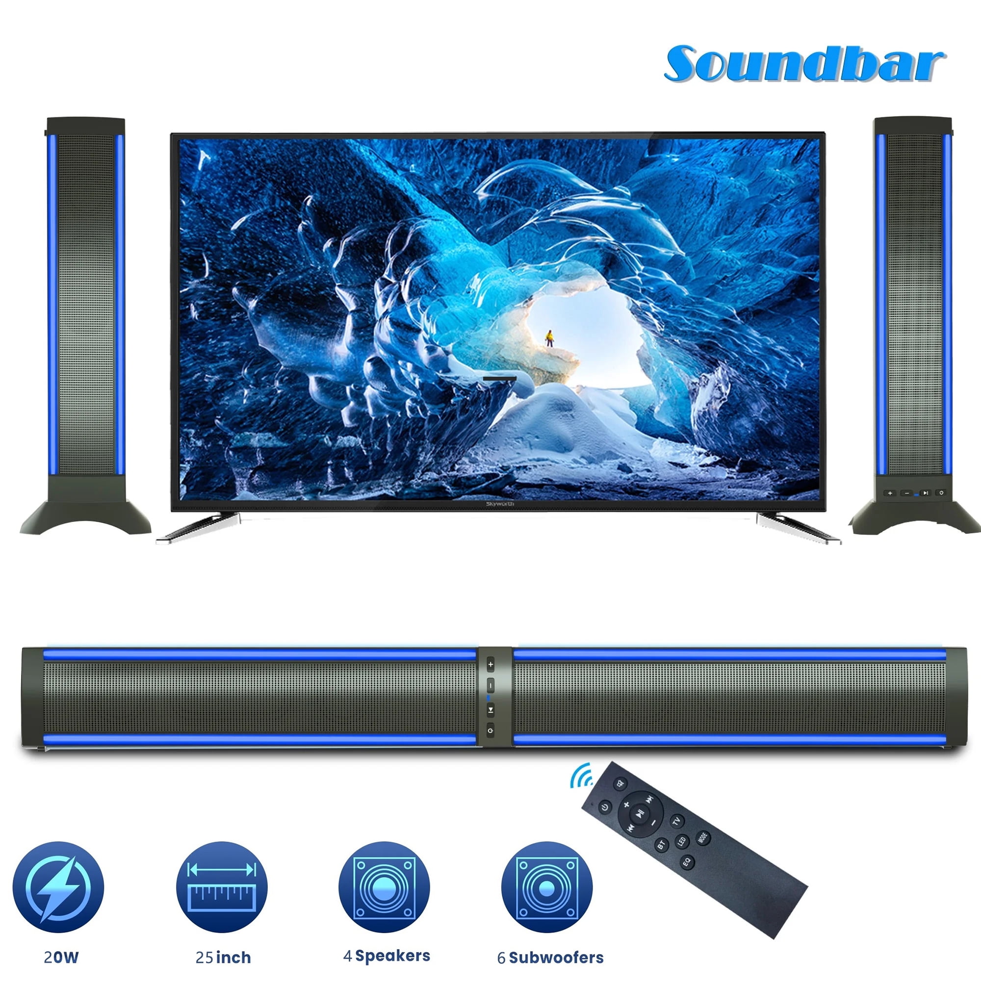 Aursear 2.1ch Sound Bars,Home Audio Theater Soundbar for TV with 6 Bulit-in Wireless Subwoofer,3D Stereo Surround Speakers System,Bluetooth 5.0,Black