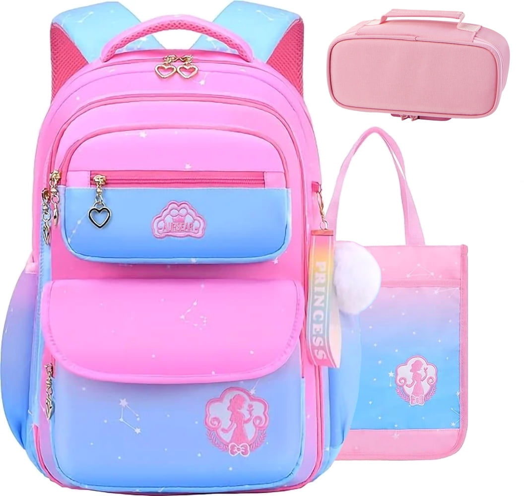 Aursear 2Pcs Cute Print Preteen Pink School Backpacks with Pockets for