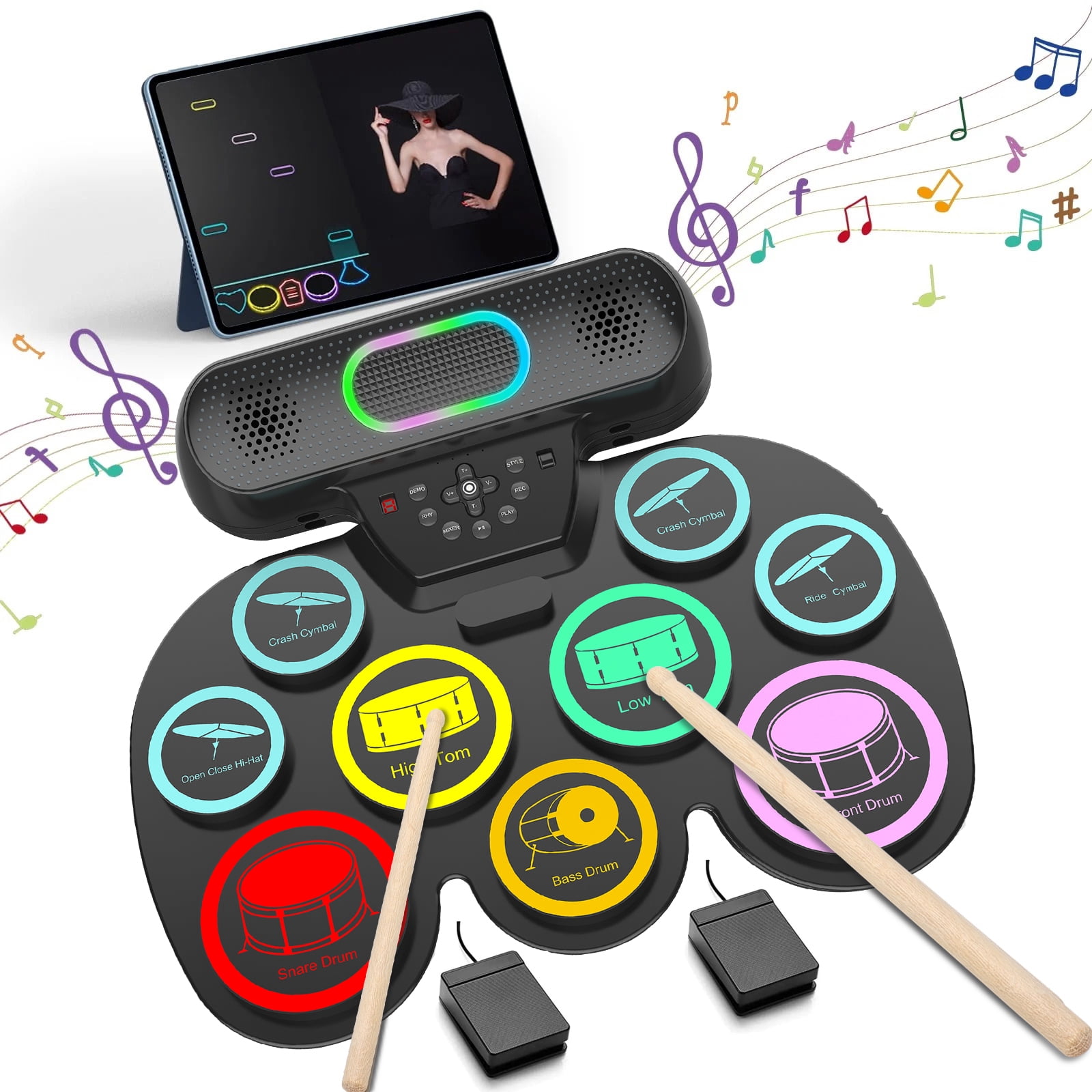 Burufy Electronic Drum Set for Kids Adults Beginners,9 Pads Roll-up Electric Drum Set with Dual Speakers,Headset Jack,Drumsticks,Foot Pedals