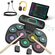 Aursear Electronic Drum Sets Kit for Kids Adults Beginners,9 Pads Portable MIDI Roll-up Drum Pad with Drumsticks Foot Pedals,Bulit in Dual Speaker