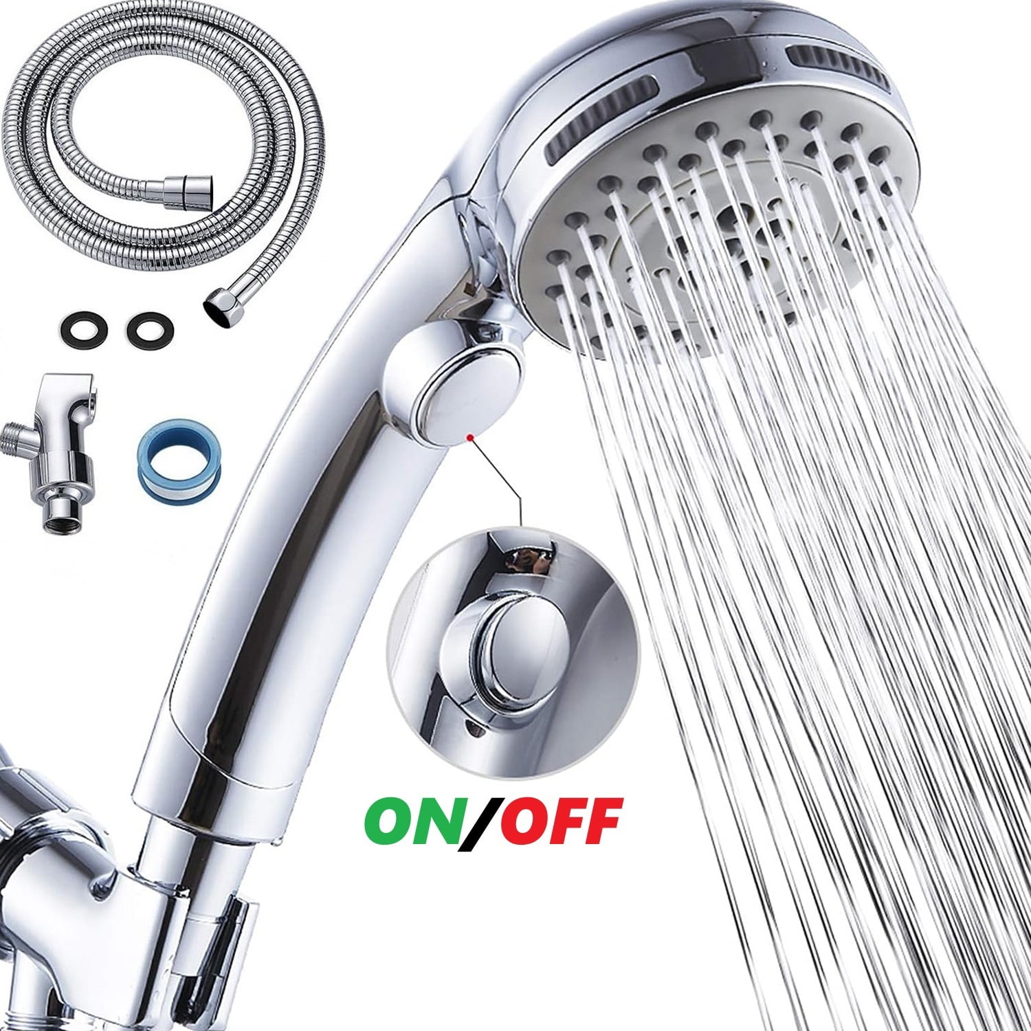 Aursear High Pressure Handheld Shower Head with on/off Switch, 6 Spray Mode, 6ft Stainless Steel Hose, Built-in Power Wash for Tubs Tiles Pets Cleaning, Chrome