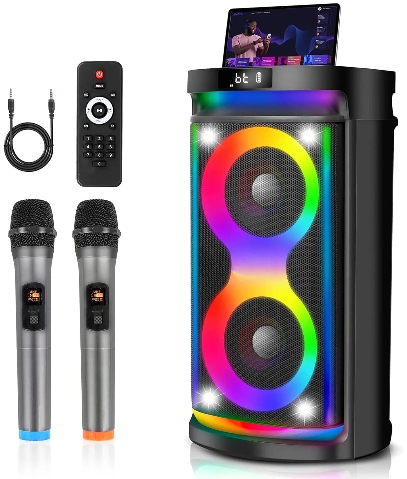 Aursear Karaoke Machine for Adults with Dual 6.5-inch Subwoofers and 2 Wireless Microphones, Portable Big Bluetooth Karaoke Speaker with Bass/Treble Adjustment, LED Lights, Supports TWS/TF/REC/FM/AUX