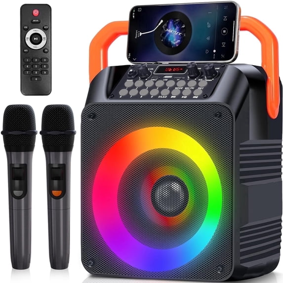 GMDISC Karaoke Machine, Portable Bluetooth Karaoke Speaker with 2 Wireless Microphones, PA System for Adults Kids with LED Lights, Supports FM/AUX/USB/TF for Home Party