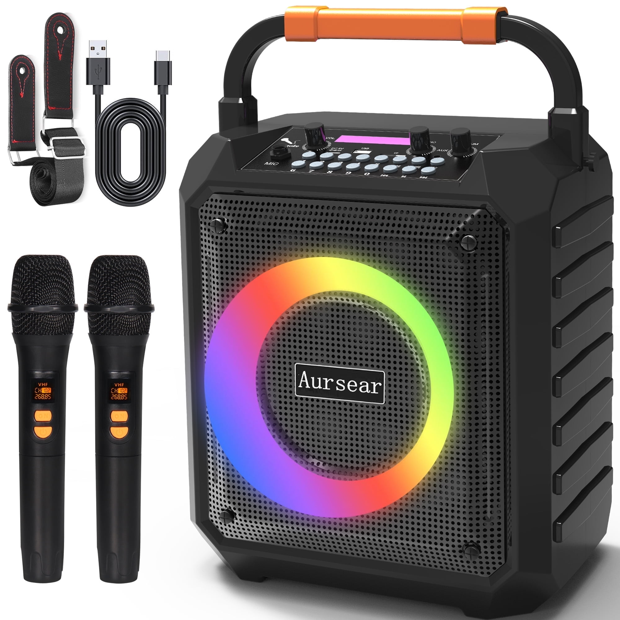 Aursear Karaoke Machine, Portable Bluetooth Karaoke Speaker with 2 Wireless Microphones, PA System for Adults Kids with LED Lights, Supports FM/AUX/USB/TF for Home Party