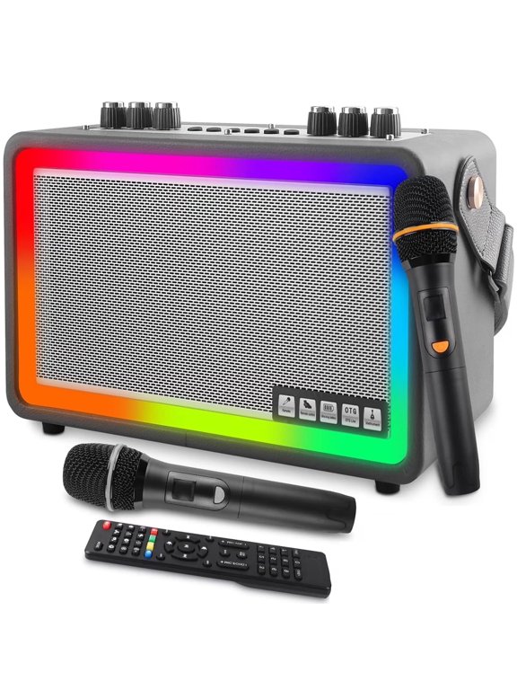 Karaoke Machine with 2 Wireless Microphones, Portable Bluetooth Speaker for Adults, PA System with Lights, Supports TWS/TF Card/USB/AUX for Home Party