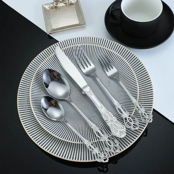Aursykel 5 Pack Five Piece Stainless Cutlery Set Knife Fork Spoon Friendsgiving Plates and Napkins Sets Thanksgiving Plates Set Dishwasher Safe Dinnerware 8.2x1.7x2.4in Silver