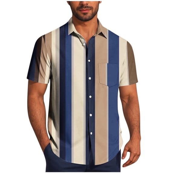 Aursykel Big and Tall Shirt for Men Comfortable Button down Striped Tees Shirts Mens Collared Short Sleeve Tops
