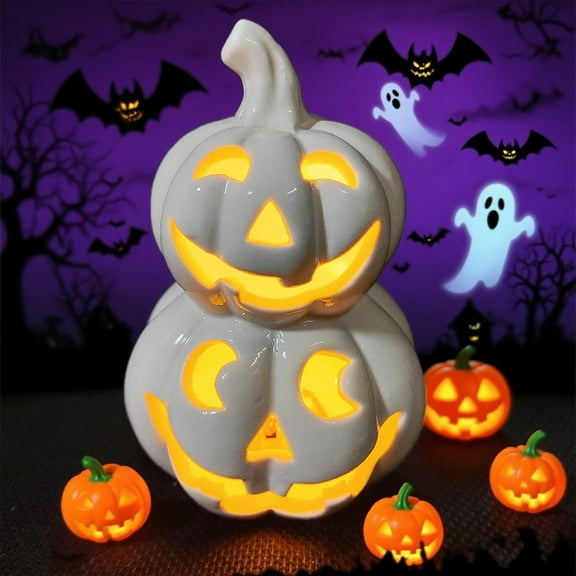 Aursykel Halloween Decorations Indoor Ceramic Pumpkin Lanterns for Magical Ambiance with Unique Double Layer Design Suit for Office and Party Settings 8.3in White