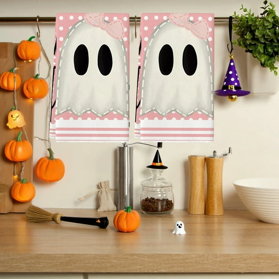 Aursykel Halloween Ghost Hand Towel for Home Decor with Absorbent Polyester Fabric for Festive Kitchen or Bathroom Cute and Practical Holiday Gift 15.7x23.6in Pink