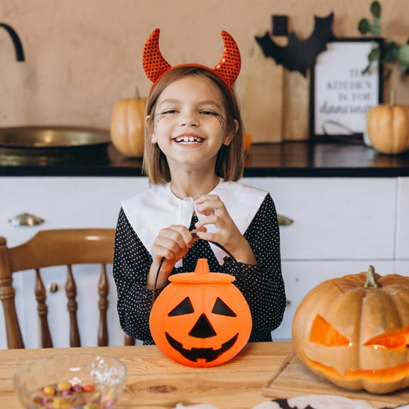 Aursykel Halloween Pumpkin Bucket Halloween Decorations Light Up Feature for Festive Parties and Trick or Treating Long Lasting Prop with Lid for Secure Candy Storage 7.1in Yellow