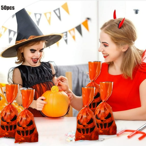 Aursykel Halloween Treat Bags 50pcs Sturdy Variety Designs for Party Favors School Events Easy to Secure Candy Toys Gifts Waterproof OPP 10.83x4.92in