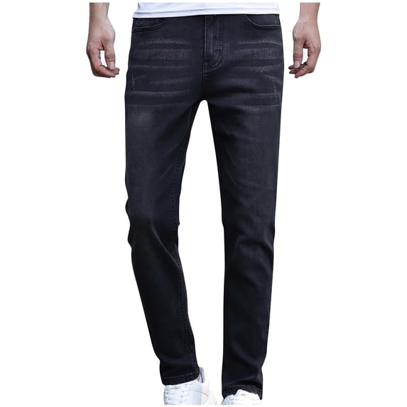 Aursykel Men Fashion Jeans Straight Leg Slim Fitting Low Elastic Zipper Casual Denim Pant with Pockets