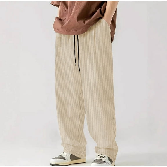 Aursykel Men's Corduroy Pants Big and Tall Pant Casual Drawstring Elastic Waist Straight Leg Sweatpants with Pockets