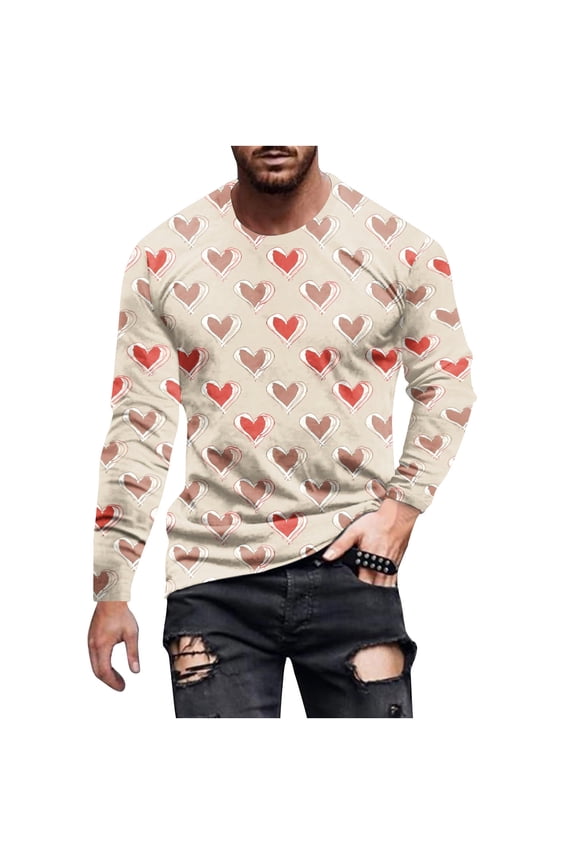 Men's Long Sleeve Shirts Casual Fashion Comfortable Tops Crew Neck Valentine's Day Heart Pullover Top