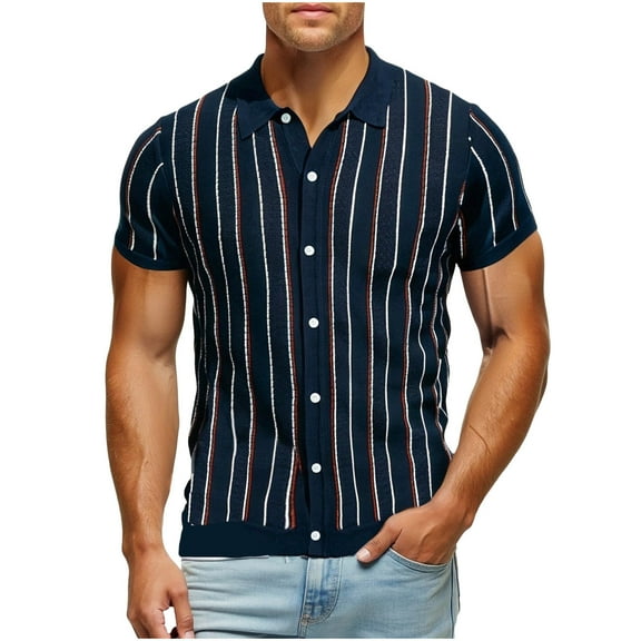 Aursykel Men's Striped Shirts Button up Short Sleeve Shirt Top for Men Summer Comfortable Vintage Beach Tee Tops
