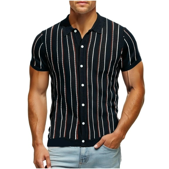 Aursykel Men's Striped Shirts Button up Short Sleeve Shirt Top for Men Summer Comfortable Vintage Beach Tee Tops