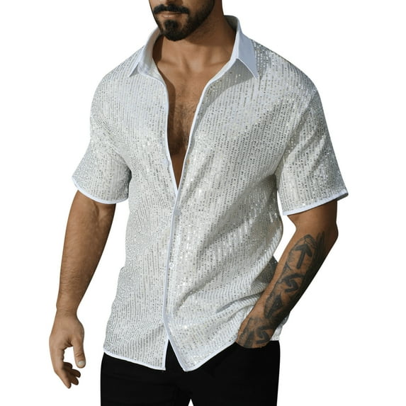 Aursykel Men's Vintage Sequin Shirt Short Sleeve Top for Men Fashion Button down Collared Shirts for Night Party