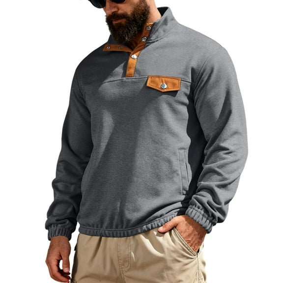Aursykel Mens Pullover Sweatshirt with Pockets Long Sleeve Quarter Button Mock Neck Sweatshirts for Fall Winter