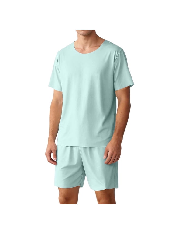 Mens Shorts 2 Piece Set Pajama Short Sleeve Tops and Lightweight Sleepwear Soft Comfy Shorts Bottoms