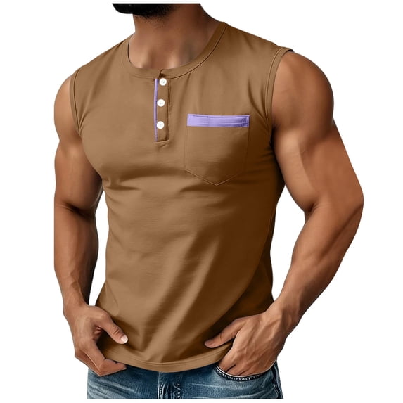 Klisyaur Mens Tank with Pockets Sleeveless Crewneck Buttons Tops Workout Casual Summer Tshirts for Men
