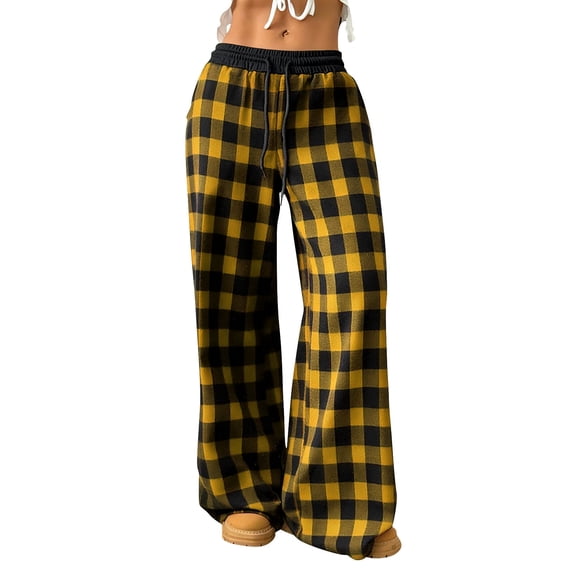 Klisyaur S-5XL Womens Plaid Pants Wide Leg Baggy Elastic Waisted Drawstring Lounge Pant with Pocket