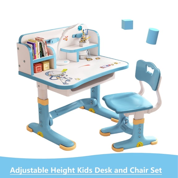 AurumEdge 2026 New Updated Kids Desk and Chair Set, Height Adjustable Astronaut Pattern Children School Desk with Shelf & Large Drawers, Kids Writing Study Table for Boys Girls 3+ (Blue)