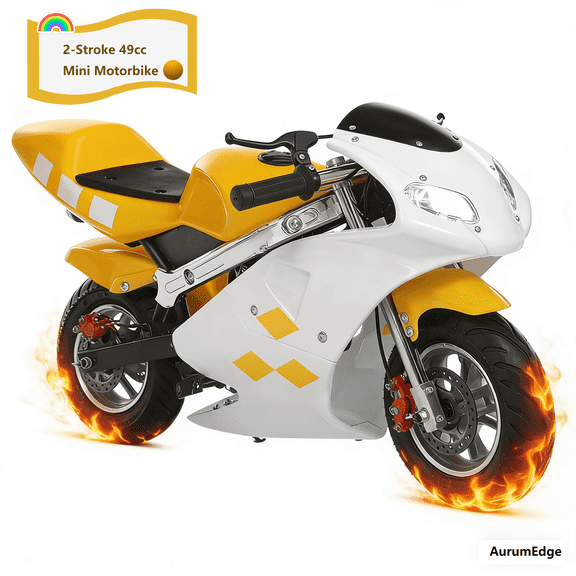 AurumEdge 49CC Kids Motorcycle Gas Powered Pocket Bike with 1.25L Tank, 2-Stroke Mini Dirt Bike with Dual Headlights Brakes & Rubber Handlebar, Motorcycle Pit Bike Ages 7+ White & Yellow